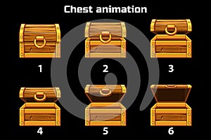 Animation step by step open and closed wooden chest, game assets