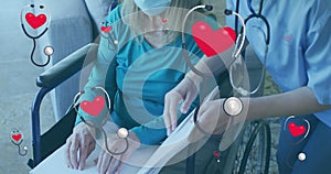 Animation of sthetoscope with heart over caucasian nurse and patient reading braille