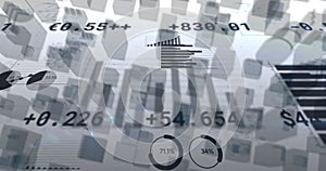 Animation of stock exchange financial data processing over cityscape