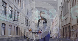 Animation of stock market data processing over asian woman wearing face mask with bicycle walking