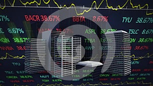 Animation of stock market display with modern city in the background