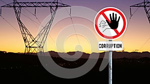 Animation of stop curruption sign board against network towers and sunset sky
