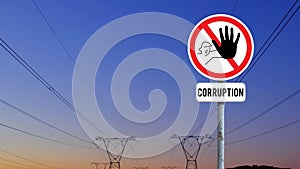 Animation of stop curruption sign board against network towers and sunset sky