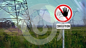 Animation of stop curruption sign board and statistical data processing against network towers