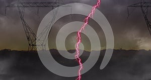 Animation of storm with pink lightning and grey clouds over electric pylons