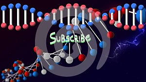 Animation of subscribe text over rotating dna helixes, flying multicolored abstract pattern
