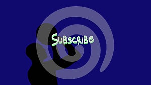 Animation of subscribe text, shadow of basketball player taking shot at basket over blue background