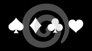 Animation suits of playing cards for poker and casino on black background with glitch effect. Motion design.