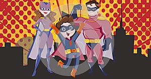 Animation of superhero family embracing on yellow background