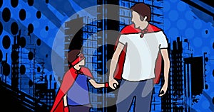 Animation of superhero family together on blue background