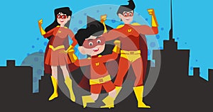 Animation of superhero family together on blue background