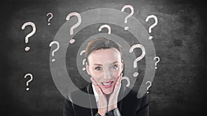 Animation of a surprised Caucasian woman over question marks appearing on a blackboard