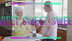 Animation of sweet text in purple over happy caucasian senior couple talking with coffee in kitchen