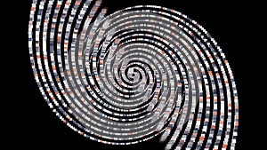 Animation with swirling spiral of squares on black background. Animation. Looped 3D spiral of duplicated squares twists