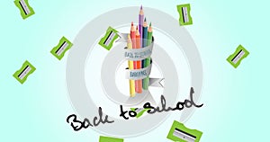 Animation of text back to school over falling green pencil sharpeners and colored pencils on blue