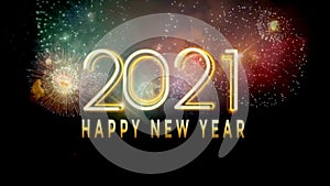 Animation Text Happy New Year 2021 card design with colorful firework.