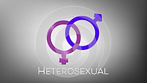 Animation of text heterosexual and linked pink and purple female and male gender symbols, on grey