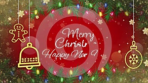 Animation text marry Christmas HAPPY NEW YEAR with golden snowflakes sparkle and red background.