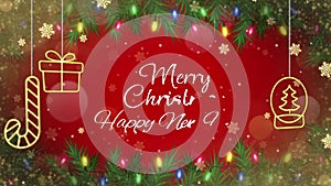 Animation text marry Christmas HAPPY NEW YEAR with golden snowflakes sparkle and red background.