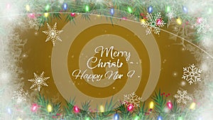 Animation text marry Christmas HAPPY NEW YEAR with white snowflakes sparkle and orange background.
