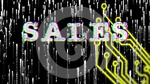 Animation of text sales, over circuitboard and falling white light trails