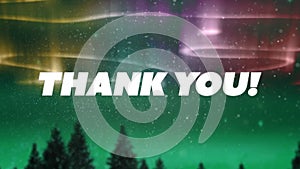 Animation of thank you text over cloudy night sky and northern lights