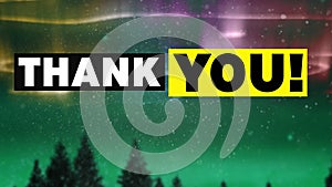 Animation of thank you text over cloudy night sky and northern lights