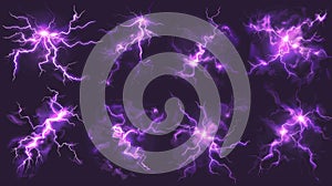 An animation of a thunderbolt strike. Purple lightning, electric power impact, thunderbolt energy discharge isolated on