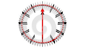 Animation of timelapse of clock face with long arrows. 3D rendering.