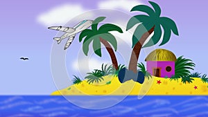 Animation travelling airplane lonely island dreams tropical summer