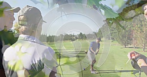 Animation of trees over senior caucasian couple playing golf on golf course