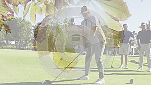 Animation of trees over senior caucasian couple playing golf on golf course