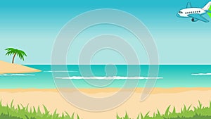 Animation of tropical landscape - beach, sea, waves, palms.