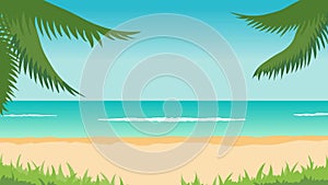 Animation of tropical landscape - beach, sea, waves, palms.