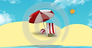 Animation of umbrella, deckchair and ball in red and white stripes on beach with sun on blue sky