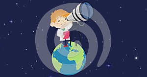 Animation of universe with astronomer looking through telescope, planet earth and stars on blue sky