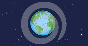 Animation of universe with planet earth with flight trajectory and stars on blue sky