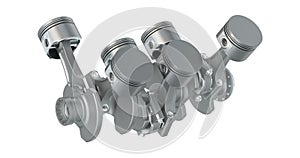 Animation, V6 engine pistons and cog in motion. 3D rendering isolated on white background