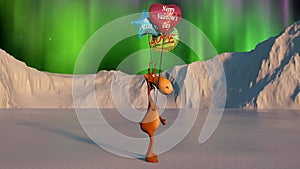 Animation for Valentines day. Funny deer walks along a snowy landscape with colorful balloons. Northern Lights. Happy