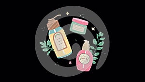 Animation of a vector illustration with care products for face with plants and flowers