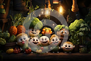 Animation vegetable faces. Close-up joyful veggie characters in a magical rural kitchen. AI generated.