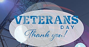 Animation of veterans day thank you text over balloons, soldier silhouette and american flag