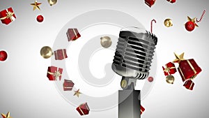 Animation of vintage microphone with christmas presents falling on white background