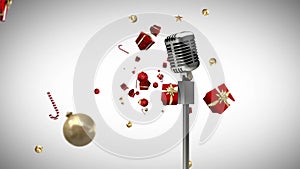 Animation of vintage microphone with christmas presents falling on white background