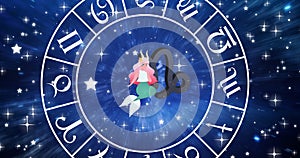 Animation of virgo star sign inside spinning wheel of zodiac signs over stars on blue sky