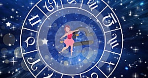 Animation of virgo star sign in zodiac wheel on starry night sky