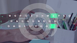 Animation of virtual keyboard data processing against mid section of man using computer