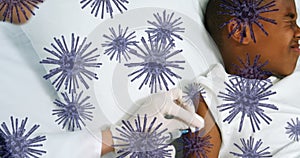 Animation of virus cells over caucasian female doctor treating patient