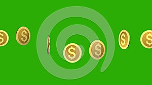 Animation of wave rotating 3D golden Dollar coins. USD coins spinning in a 360 degree on green screen. Dollar sign icon. USA