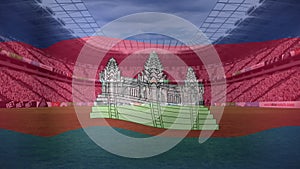 Animation of waving cambodia flag against view of a sports stadium